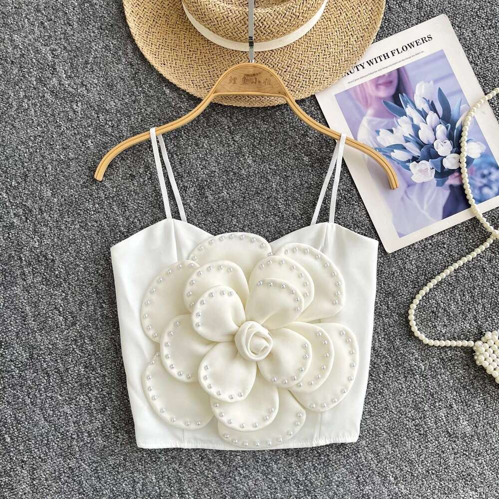 New Summer Women Elegant Chic Tiered Three-dimensional Floral Beading crop Slim vintage Sexy tank Top sweet Beach Camis