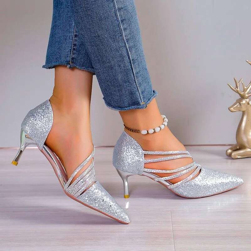 Sexy Pointed Toe Champagne Ladies High Heels New Shiny Crystal Wedding Bridal Simple and Elegant Women's Dress Shoes