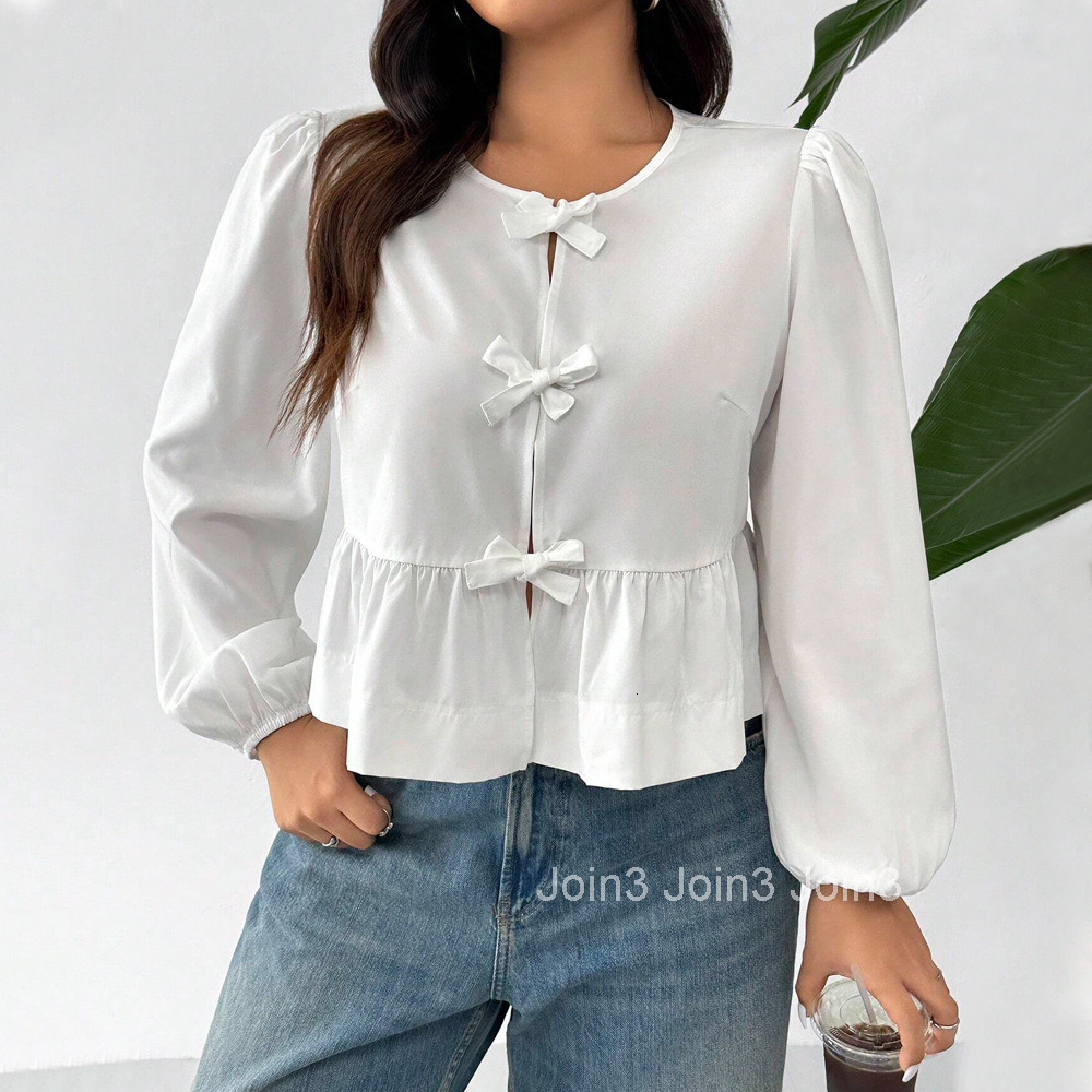 Plus Size Womens Gentle Solid Color T-shirt Autumn and Winter Bubble Sleeve Bow Cardigan Top