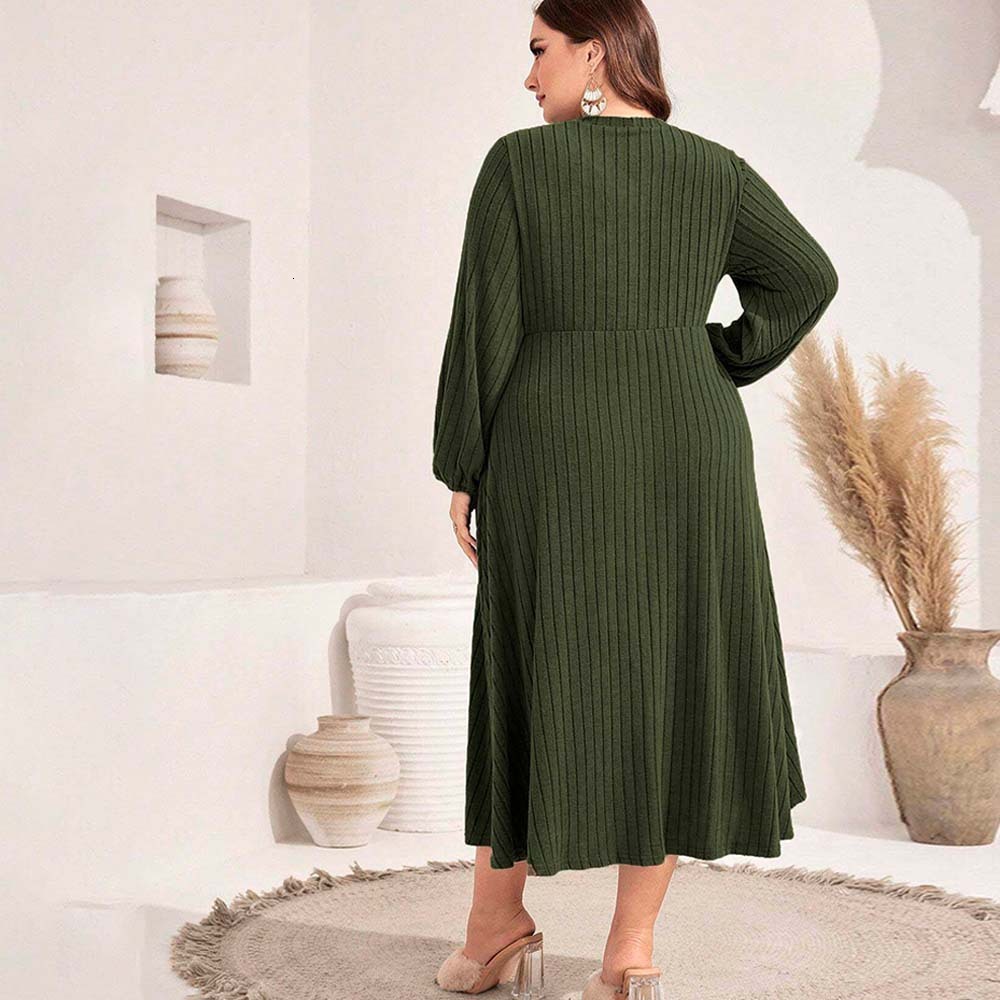 Oversized Womens Elegant V-neck Dress with Autumn and Winter Lantern Sleeves Mid Length Skirt with Design Sense