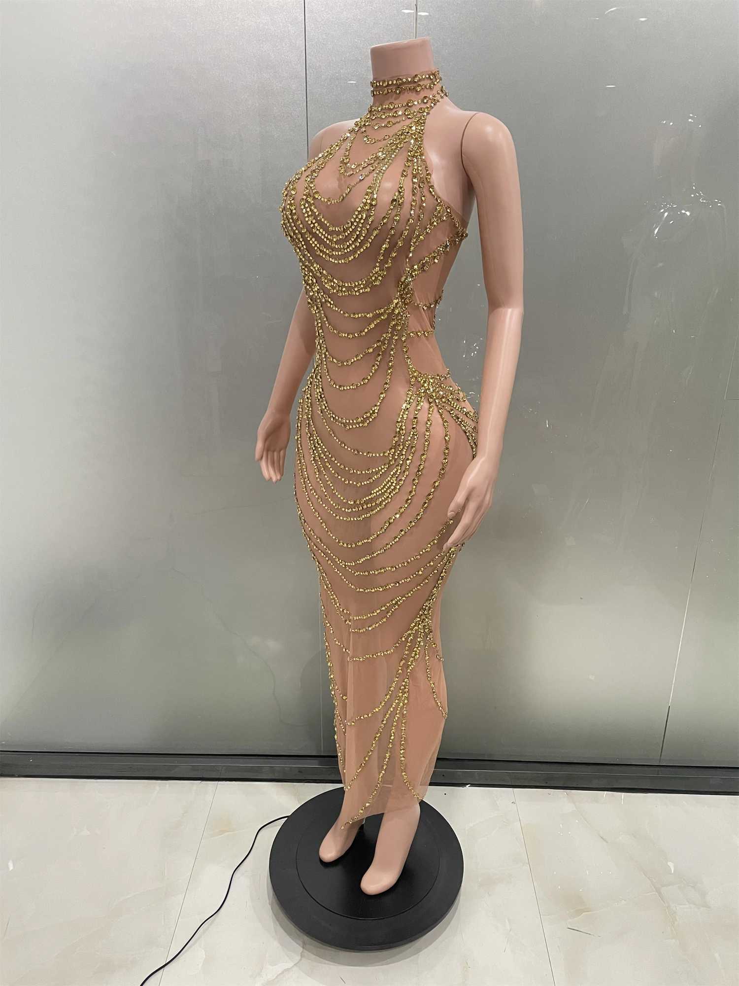 Sexy Luxury Sparkly Gold Rhine Transparent Mesh Long Dress Women Birthday Party Gown Stage Singer Performance Show Come W250516