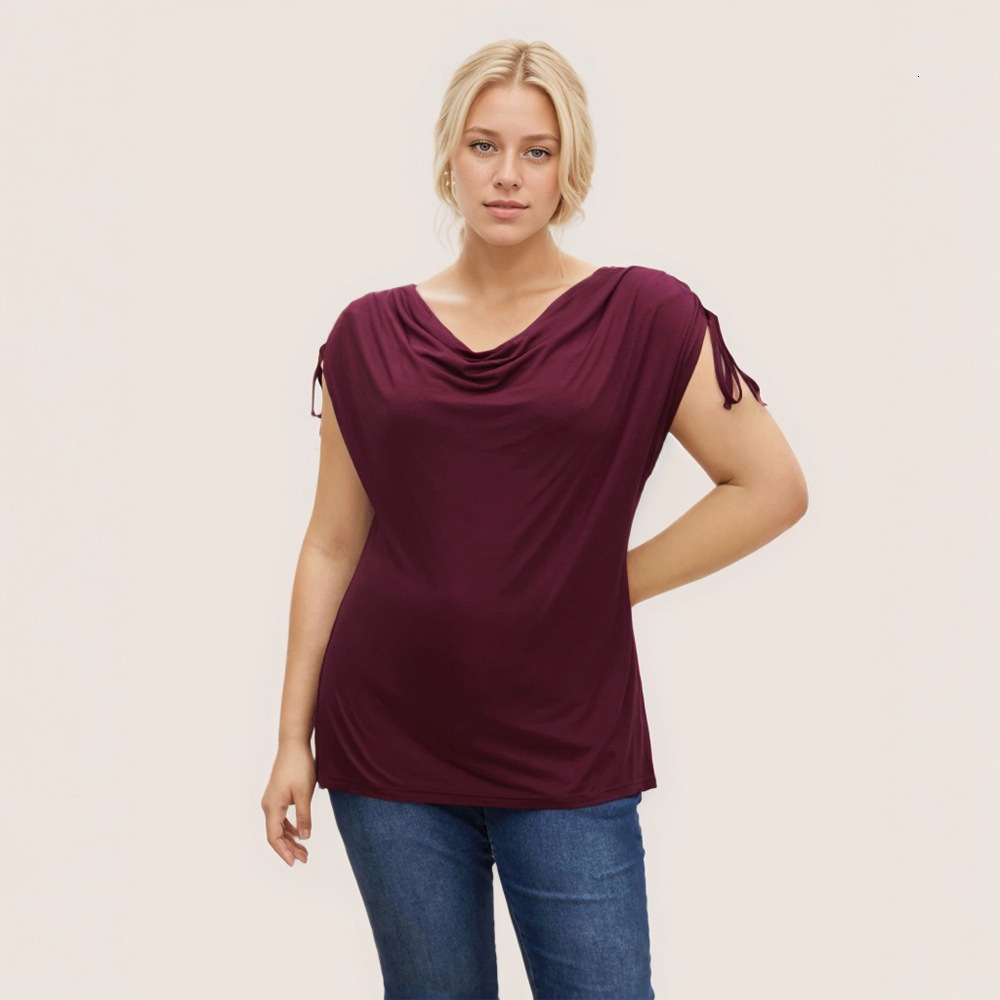 2025plus Size Womens Elegant T-shirt for Spring and Summer New Wine Red Pleated Top