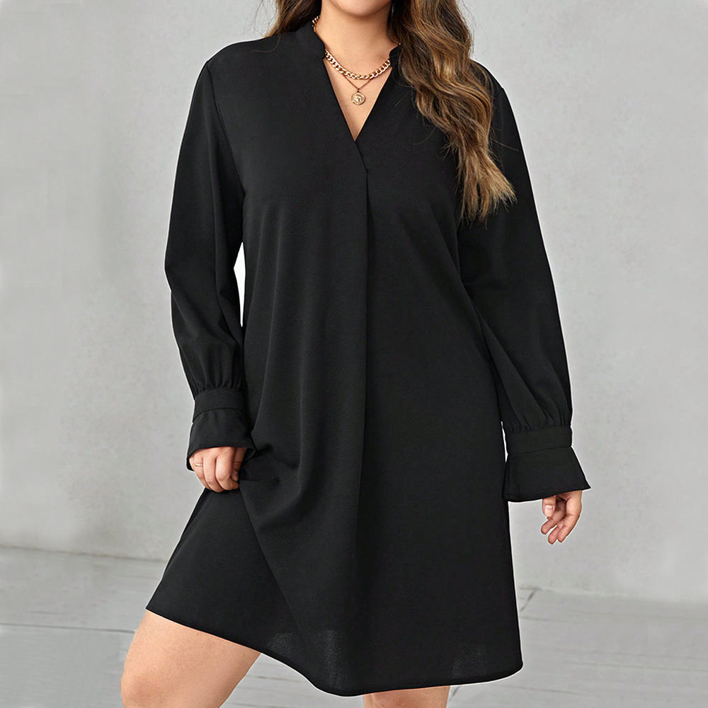 Plus Size Womens Autumn and Winter New V-neck Solid Color Long Sleeved Loose Casual Dress