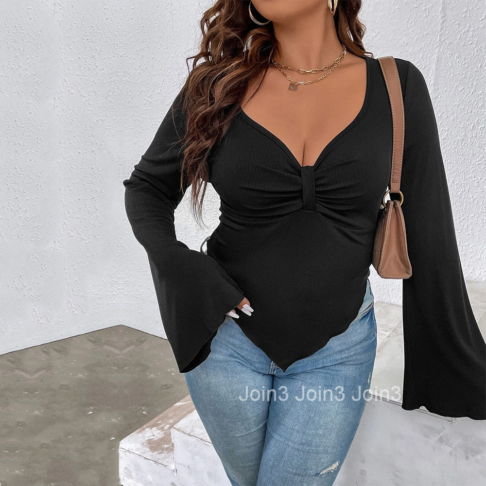 Large Size Womens Clothing Autumn and Winter New Item Slim Fit Irregular Hem Flared Sleeve Knitted T-shirt Top