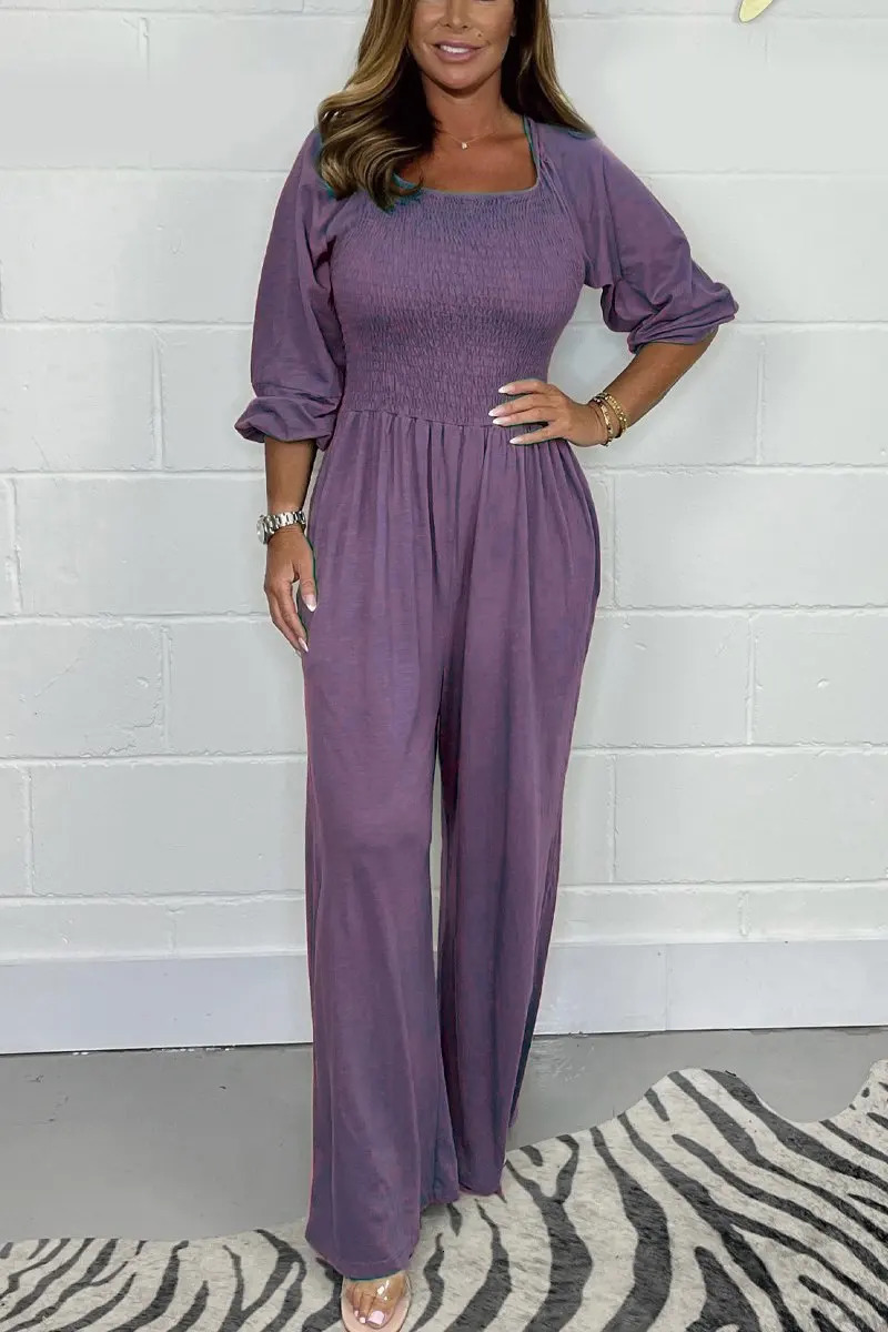 Plus size womens jumpsuit casual fashion solid color pile sleeve jumpsuit pants plus size womens clothing 250515
