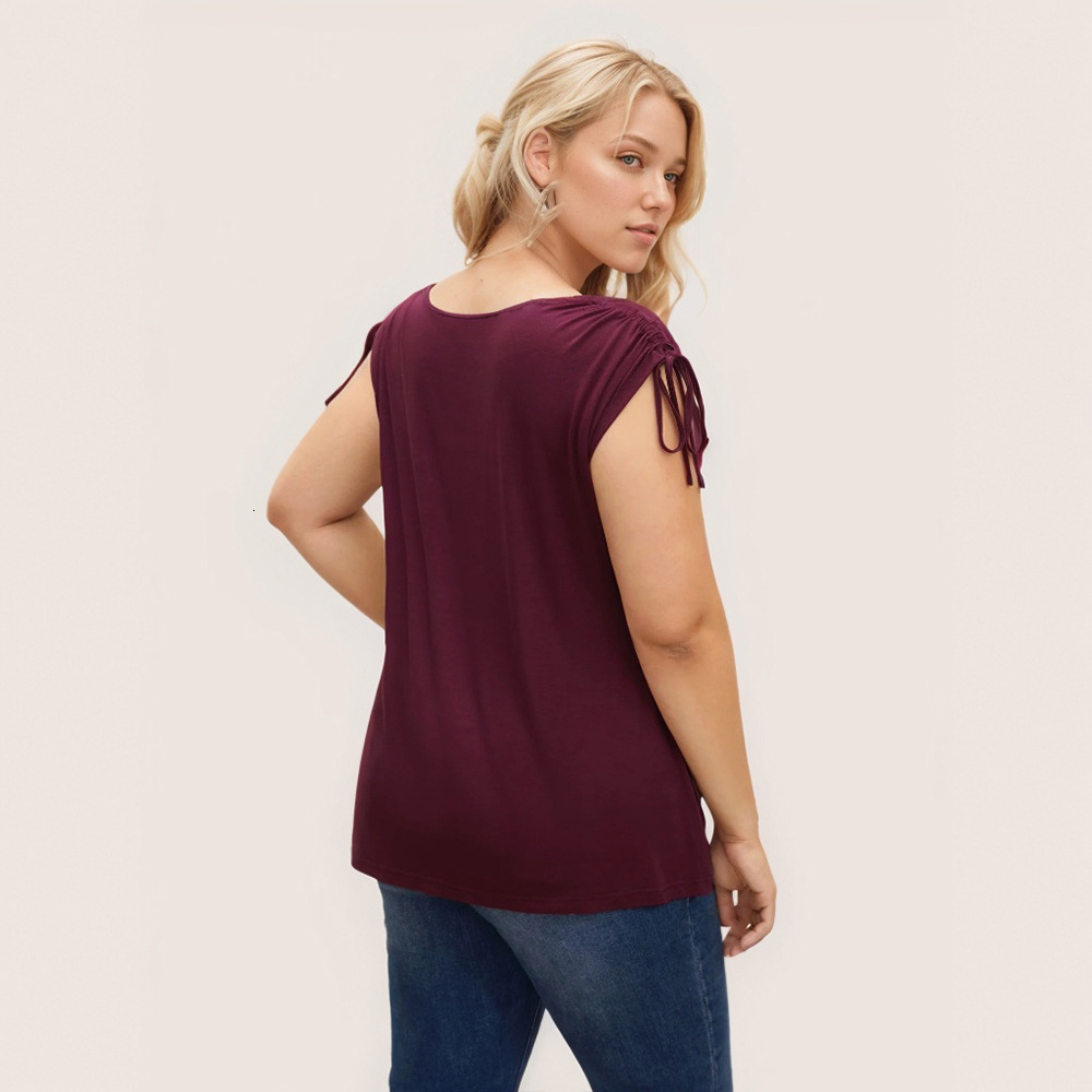 2025plus Size Womens Elegant T-shirt for Spring and Summer New Wine Red Pleated Top