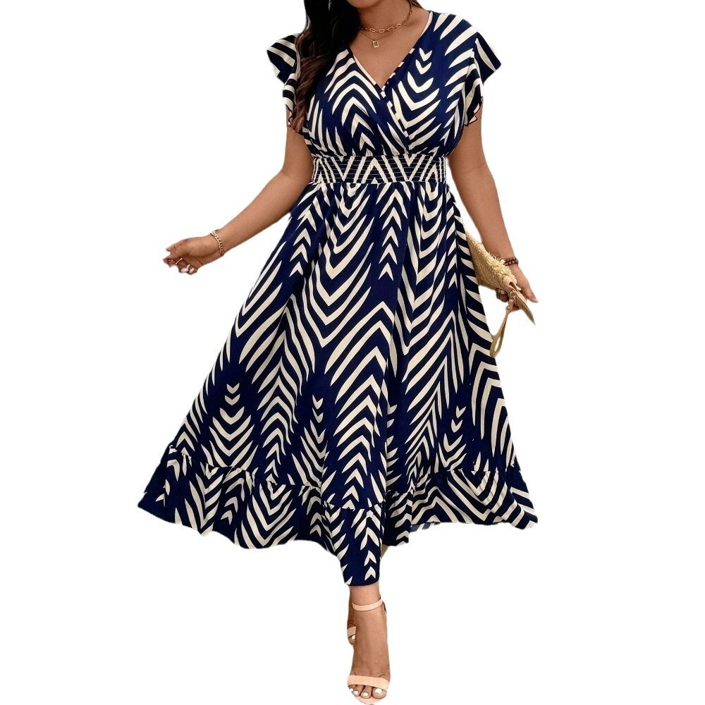 2025 Spring/summer New Plus Size Womens Striped Dress with Waist Cinching and Slimming Effect Knee Length Long Skirt