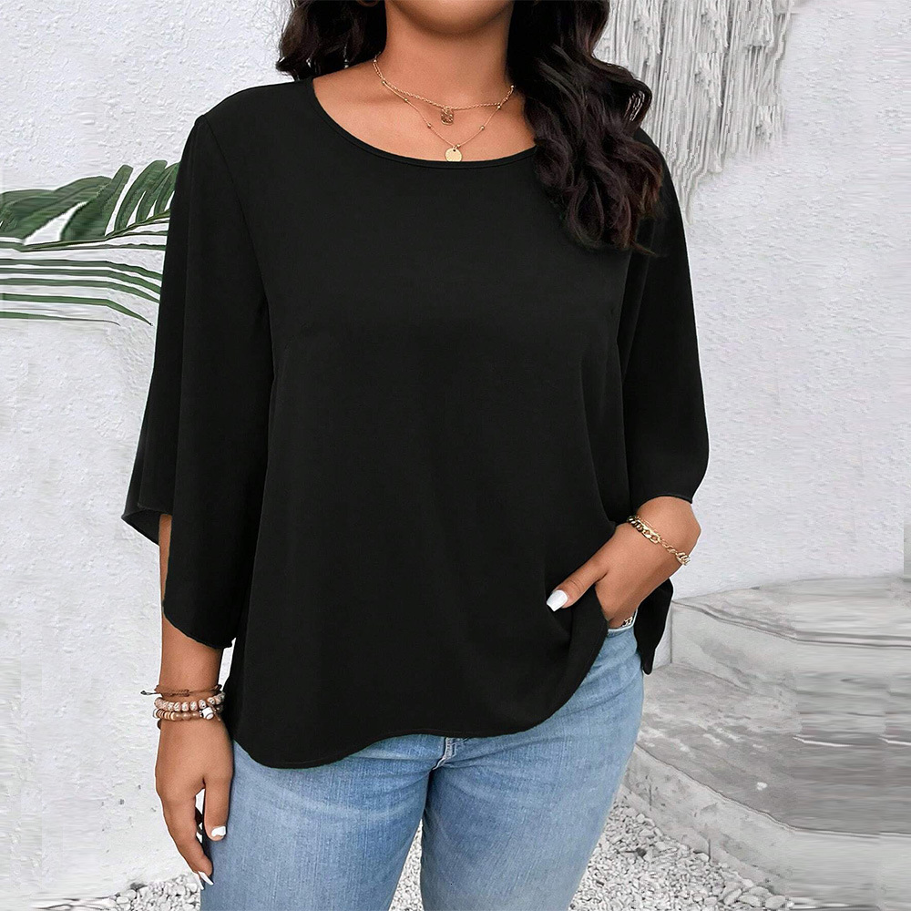 Plus Size Womens Loose Casual T-shirt Autumn and Winter Flared Sleeves Black Slimming Short Top