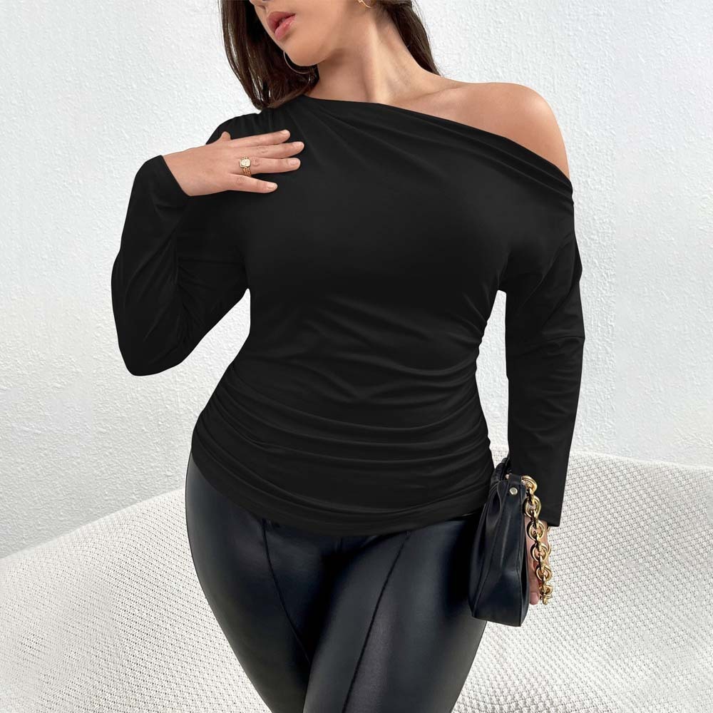 Large Size Womens Fashion Style T-shirt for Autumn and Winter One Cut Collar Fashionable Temperament Top