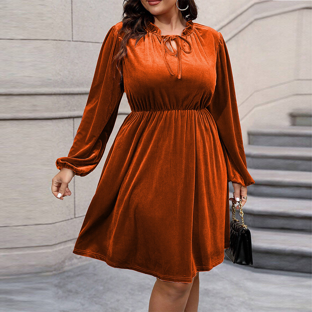 Autumn and Winter New Plus Size Womens Clothing with Waist Cinched Bubble Sleeves Large Skirt Short Skirt Velvet Dress