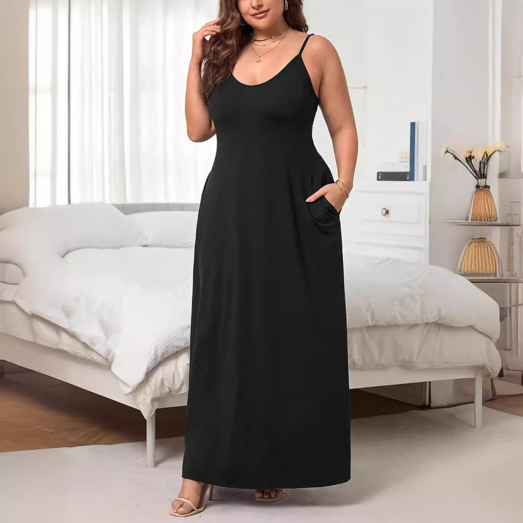 Plus Size Womens U-neck Sleeveless Dress Summer New High Waisted Solid Color Mid Length Skirt