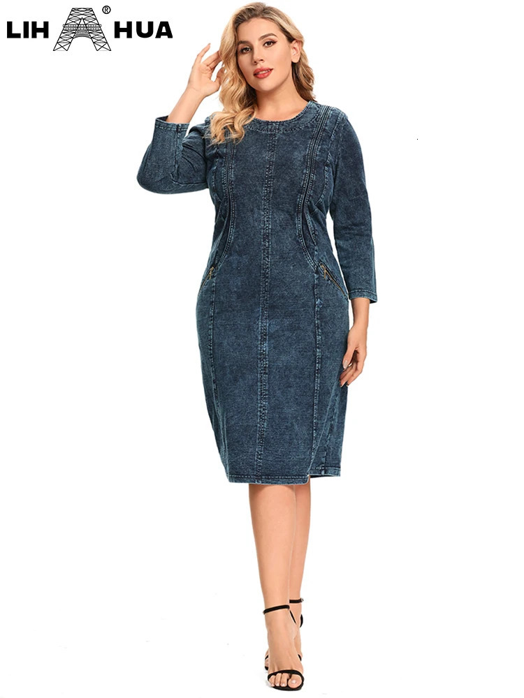 LIH HUA Womens Plus Size Denim Dress Fall Casual Fashion High Stretch Cotton Knit Dress with Pockets 250515