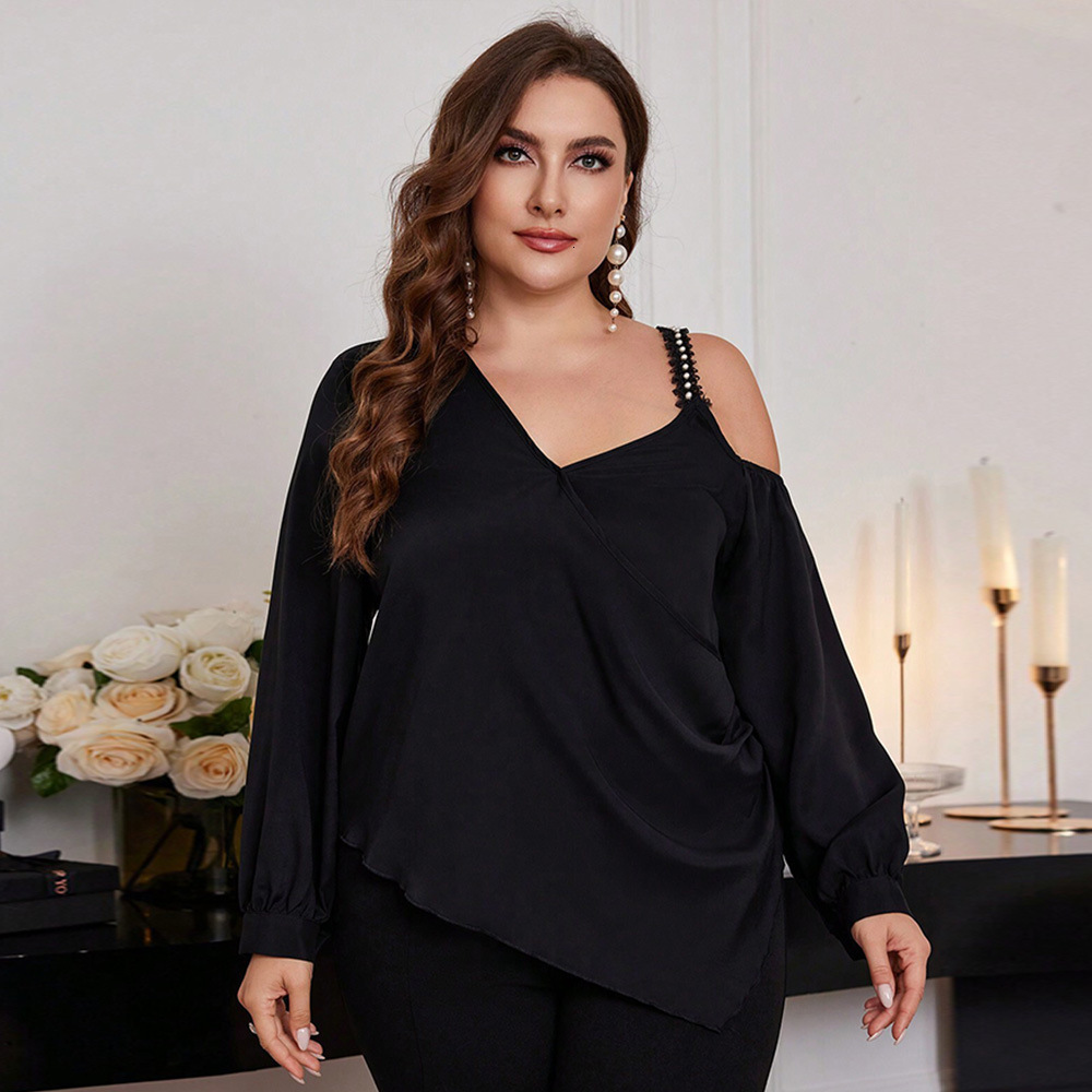 Large Size Womens Elegant Style Loose T-shirt Autumn and Winter New Item Irregular Off Shoulder Inner Top