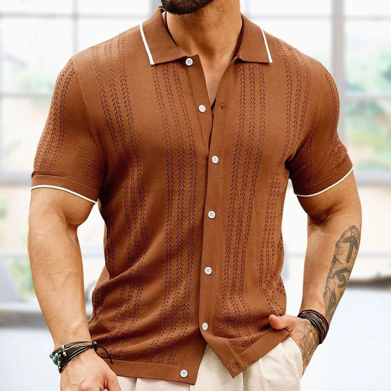 Mens Light Business Leisure Knitted Polo Shirt Buttoned Retro Solid Color Short Sleeve Cardigan Fashion Knitwear 250515