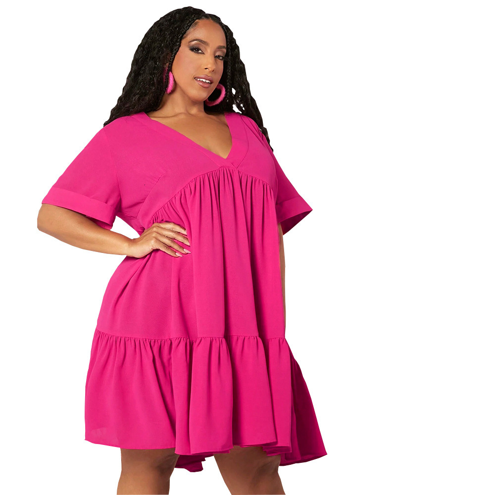 Spring New Rose Red Short Sleeved Lotus Leaf Edge Skirt with Elegant Temperament Deep V-neck Slim Fit Dress