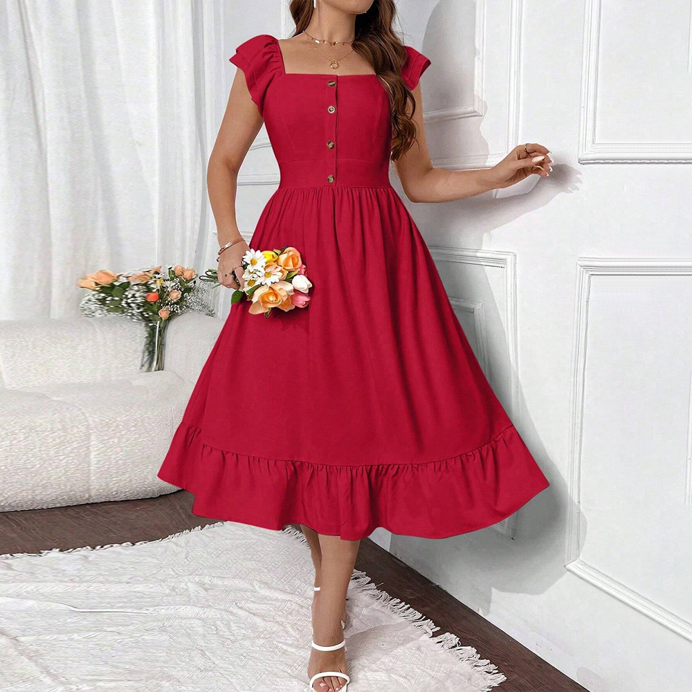 Large Size Womens French Square Neck Small Fly Sleeve Dress Summer New Style Vacation Red Dress for Women
