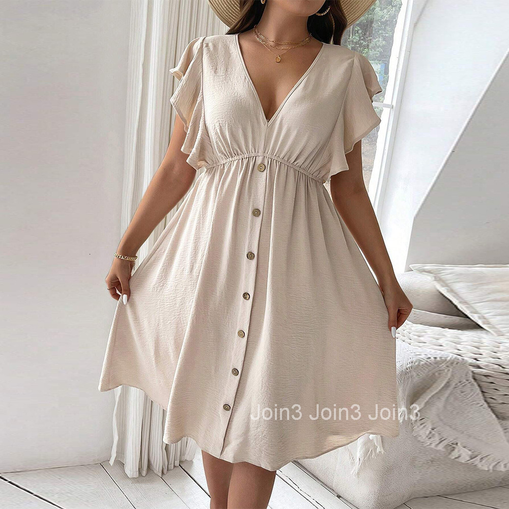 Large Size Womens Summer New Item Vacation Casual V-neck Button Ruffle Edge Dress