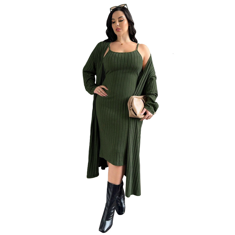 Large Size Womens Casual Fashion Set Autumn and Winter Lazy Style Jacket Suspender Dress Two-piece Set