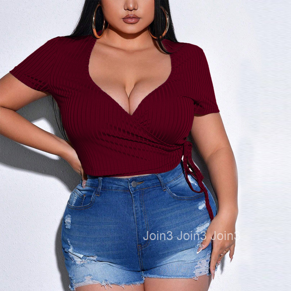 Spring/summer New Large Womens Sexy V-neck Slimming T-shirt Short Sleeve Knitted Solid Color Top