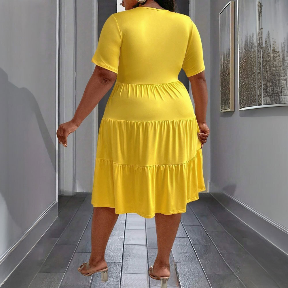 Plus Size Womens Elegant Yellow Dress Spring and Summer New Style Loose and Slimming Mid Length Skirt