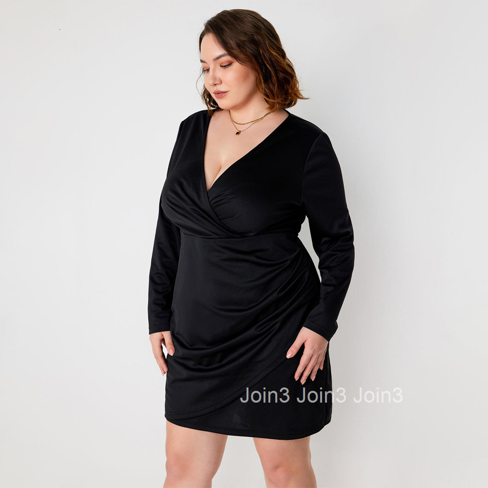 New Plus Size Womens Clothing for Autumn and Winter French V-neck Dress High Waisted Long Sleeved Hip Hugging Short Skirt
