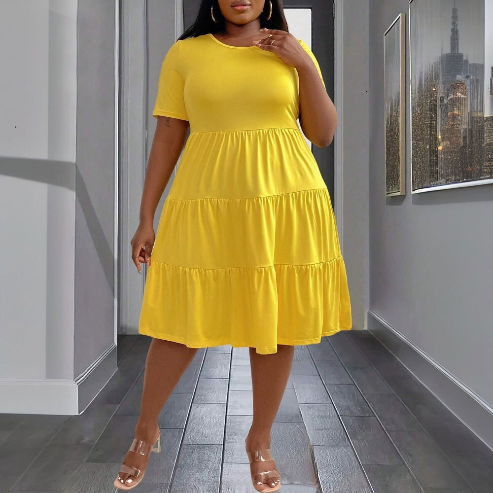 Plus Size Womens Elegant Yellow Dress Spring and Summer New Style Loose and Slimming Mid Length Skirt