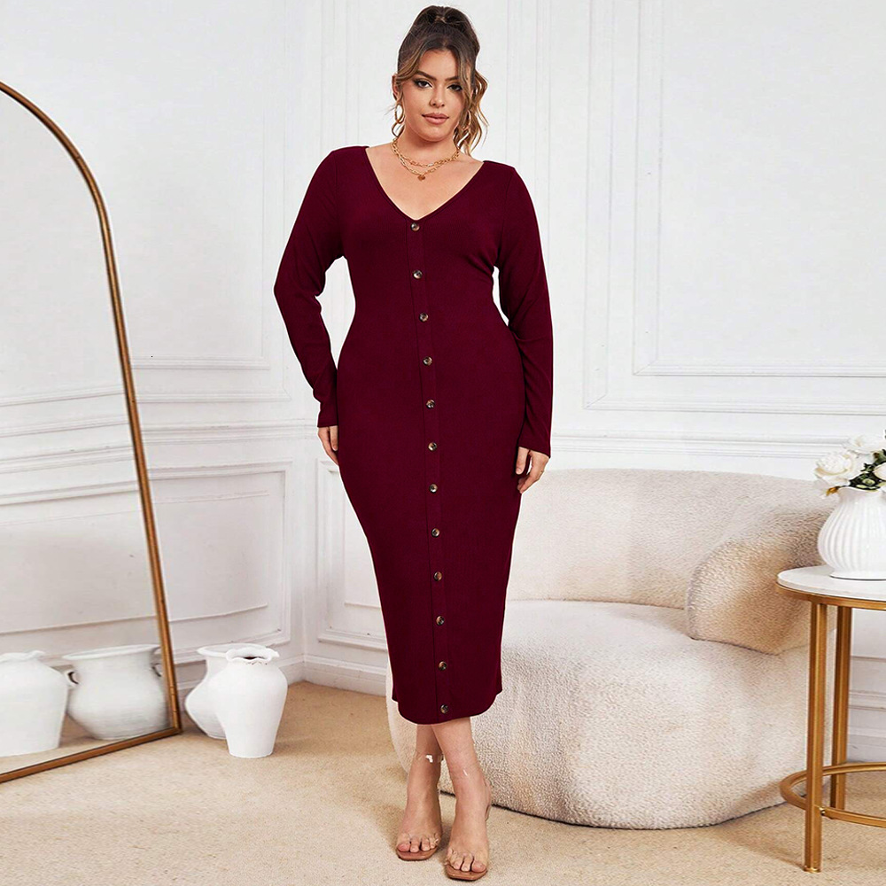 Large Size Womens Autumn and Winter New Slim Fit Bag Hip Knitted Skirt Sexy V-neck Long Dress