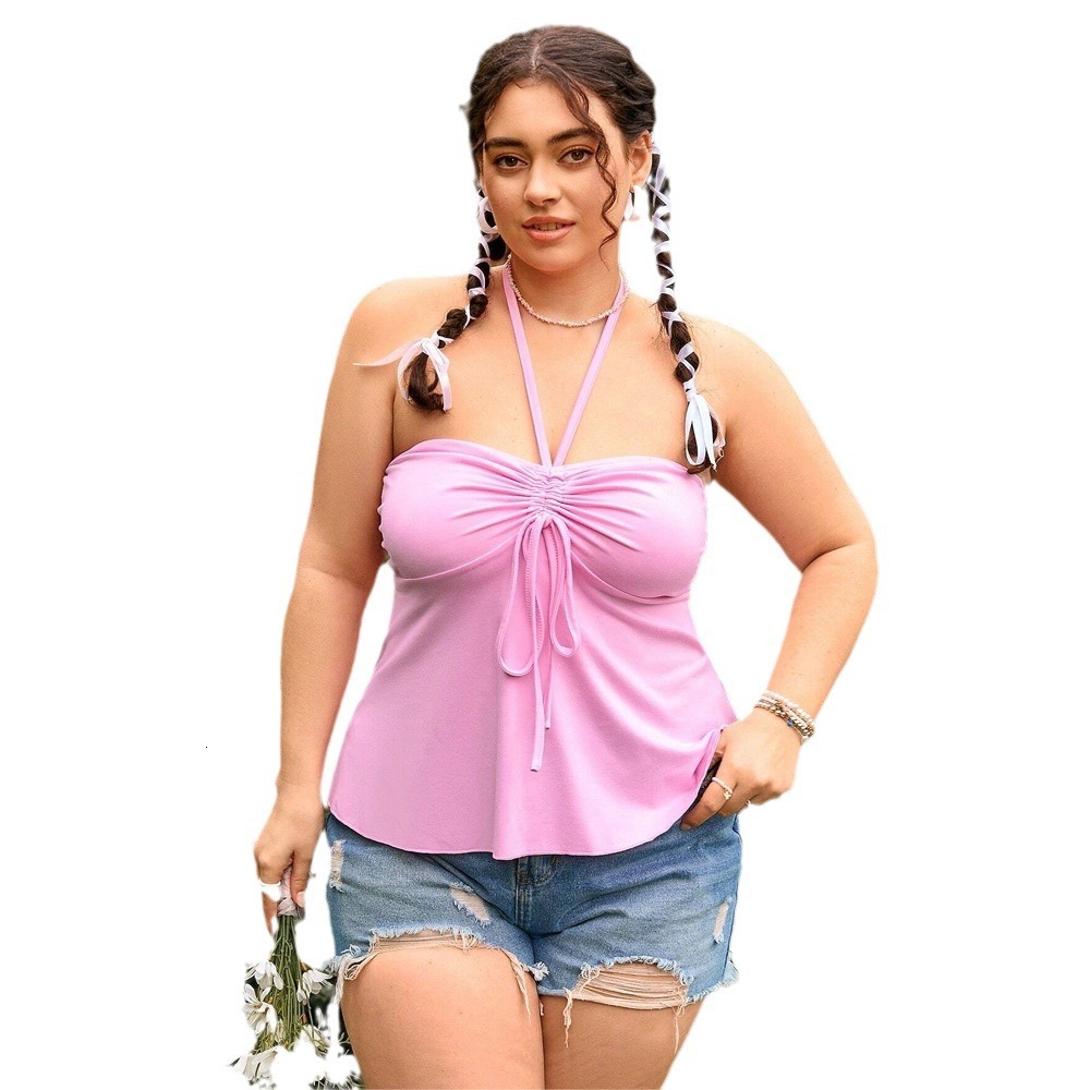 Oversized Womens Clothing Simple Pure Sexy Temperament Slimming Pink Hanging Neck Strap Vest Top