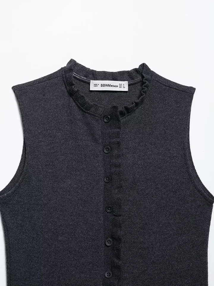 SIYANG Women Fashion Solid Ruffled Single Breasted Knitted Vest Tank Tops Vintage ONeck Sleeveless Female Chic Lady Top 250506