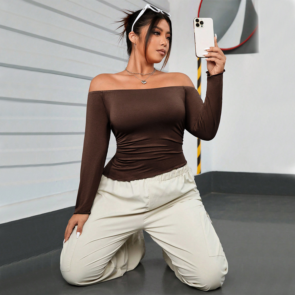 Large Size Womens Autumn and Winter Brown One Cut Collar Off Shoulder Long Sleeved T-shirt Sexy Solid Color Top
