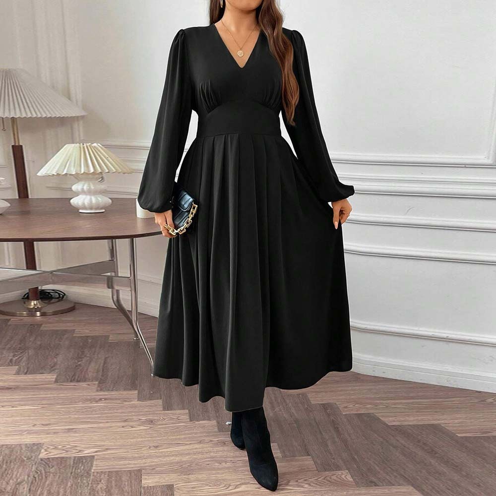 Autumn and Winter New Plus Size Womens Sexy V-neck Waist Cinched Bubble Sleeves Mid Length Skirt Big Skirt Dress