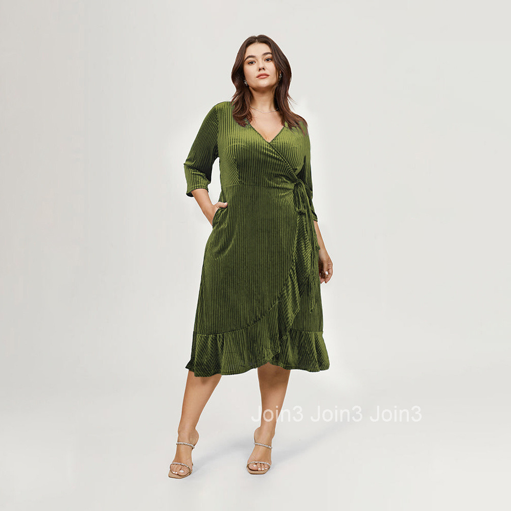Elegant and Intellectual Temperament Fit Plus Size Womens Dress with Ruffle Edge Straps and Waist Cinching V-neck Dress