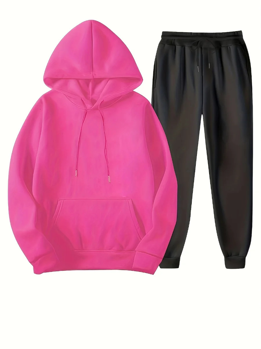 LW Plus Size Autumn winter Two pieces set Hooded Collar Kangaroo Pocket Tracksuit Set Trouser Pieces Matching Suits 250513Z