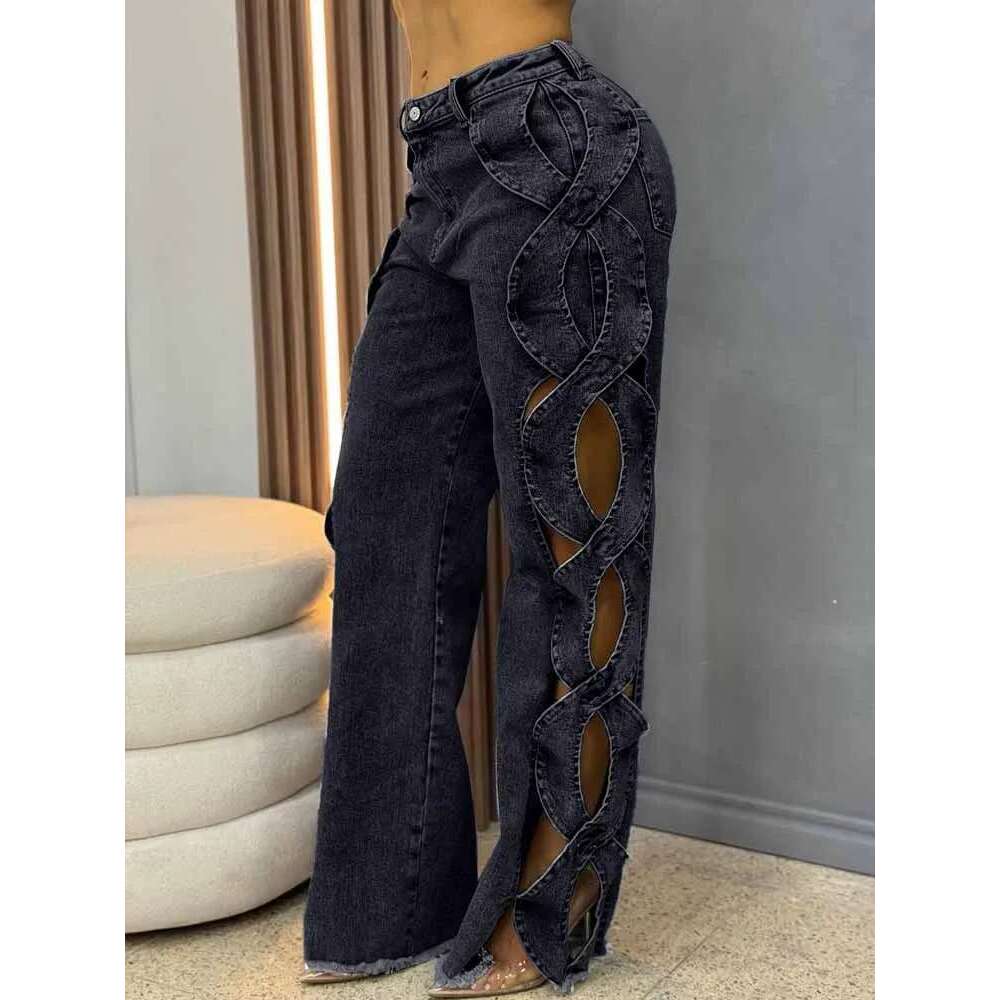 Fashion Streetwear Y2k Hollow Out Jeans Women High Waist Side Cross Cutout Wide Leg Blue Denim Pants Elegant Party Jean