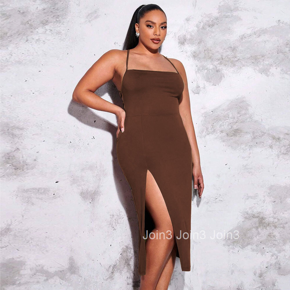 Large Size Womens New Sexy Backless Slit Waist Bag Hip Solid Color Suspender Dress