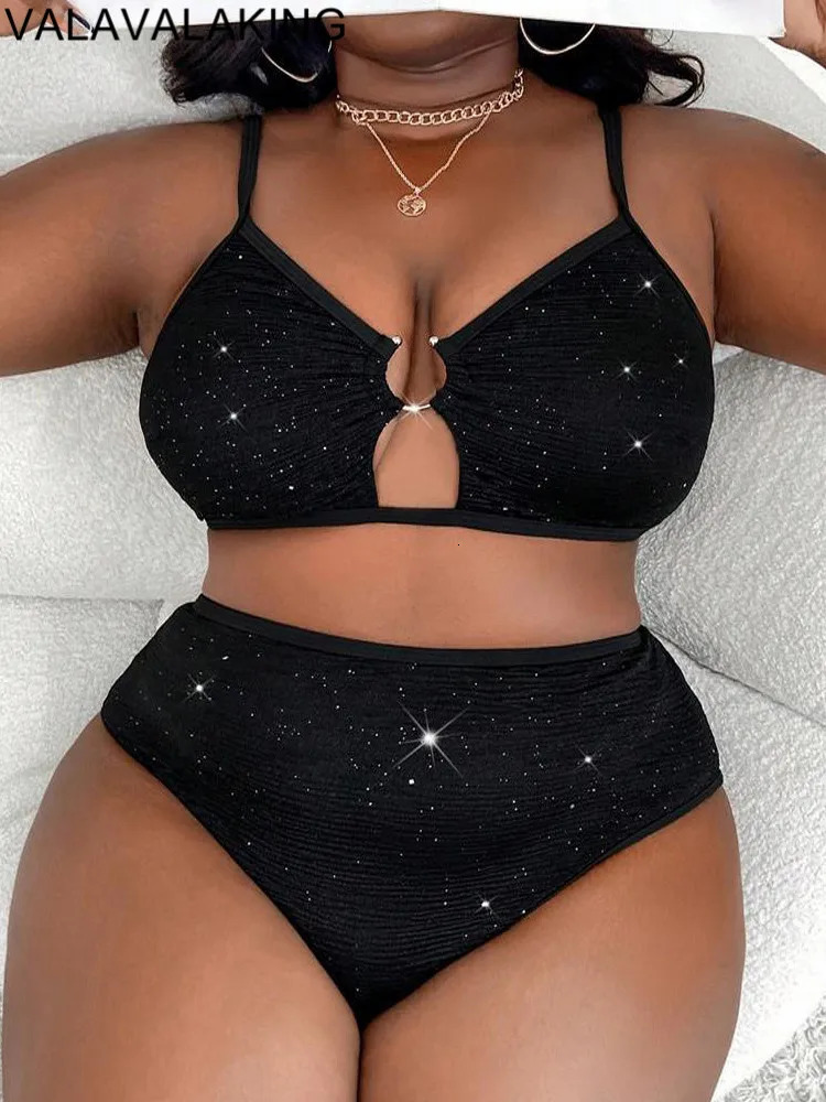 2025 Black 2 Piece Plus Size Bikini Women Strapped Large Swimsuit Sexy Brazilian Swimwear High Waist Chubby Curvy Bathing Suit 250515