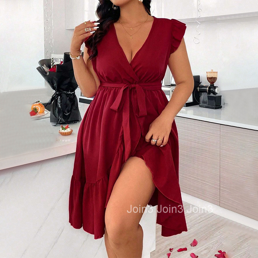 New Womens V-neck Solid Color Tied Waist Ruffle Edge Short Sleeve Dress