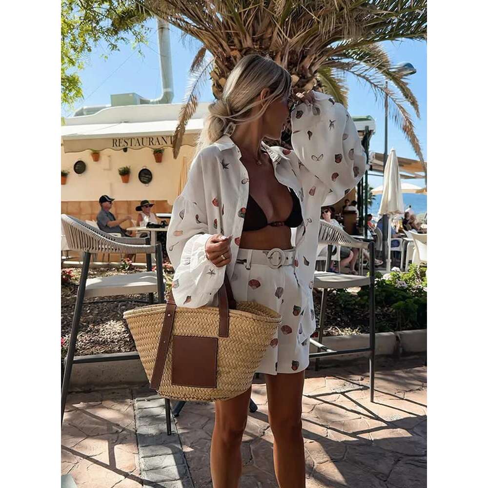 Shell Print Shorts Set Women Loose Lapel Lantern Sleeve Single Breasted Shirt Short Pant Summer Beach 2 Pieces Lady Outfit