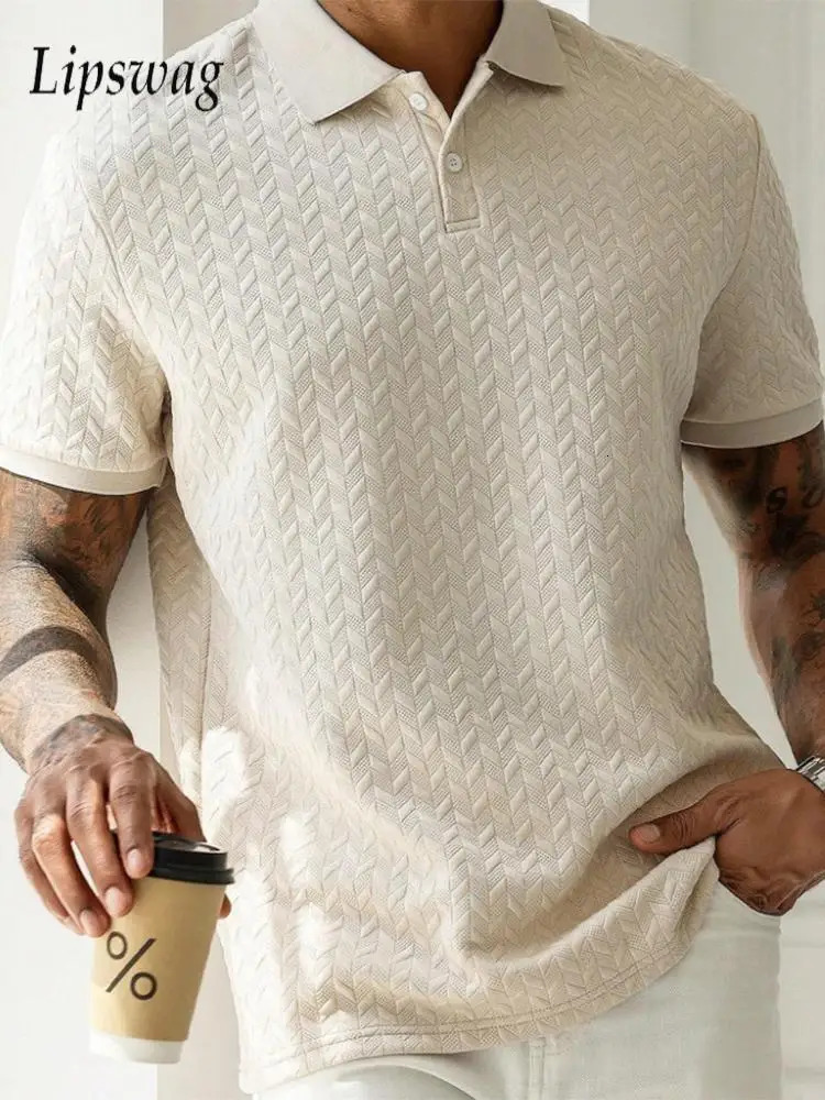 Stylish Mens Textured Polo Shirts Casual Turndown Collar Buttoned Short Sleeve T Shirt Men Spring Summer Fashion Pullovers 250506Z