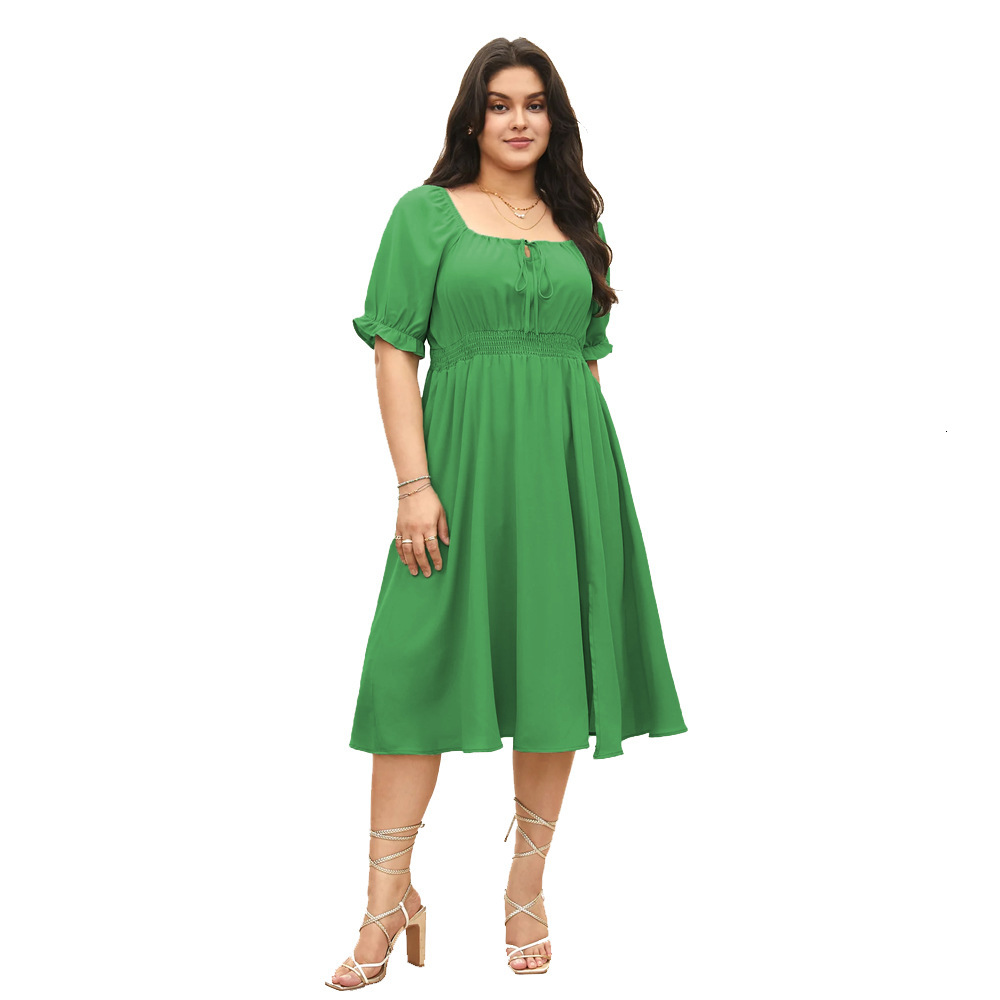 Large Size Womens Square Neck Bubble Sleeve Ruffle Solid Color Waist Cinched Vacation Style Dress