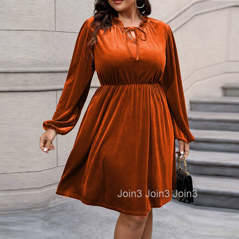 Autumn and Winter New Plus Size Womens Clothing with Waist Cinched Bubble Sleeves Large Skirt Short Skirt Velvet Dress