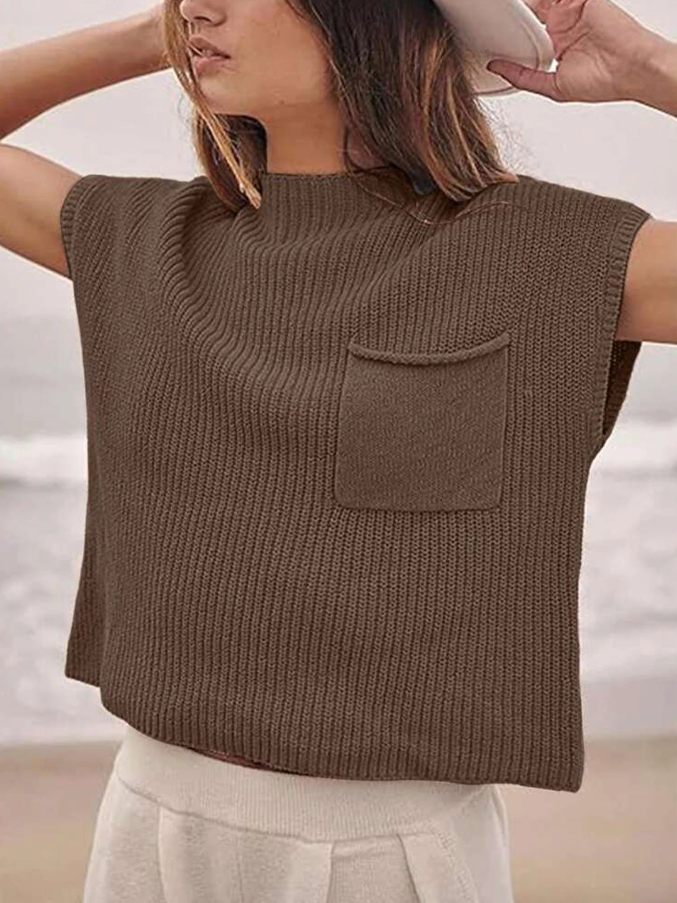 Spring and summer womens casual loose round neck knitted sweater vest 250506