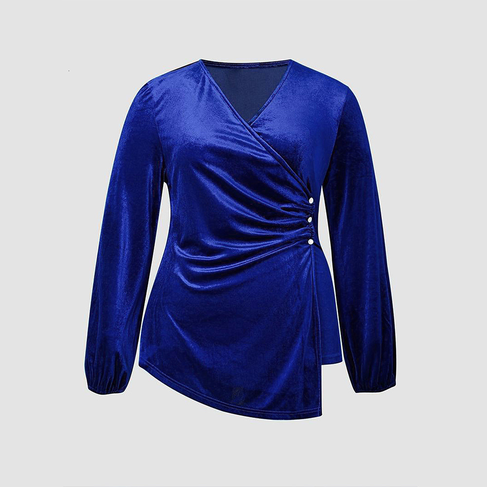 Plus Size Womens Elegant Style V-neck T-shirt Autumn and Winter Lantern Sleeves Slim Fit Solid Color Velvet Long Sleeved Top