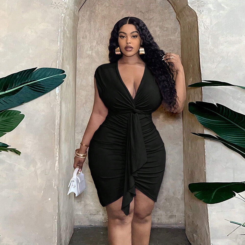 2025 Plus Size Womens Sexy and Pure Desire Dress Summer V-neck Waist Cinched Pleated Hip Hugging Short Skirt