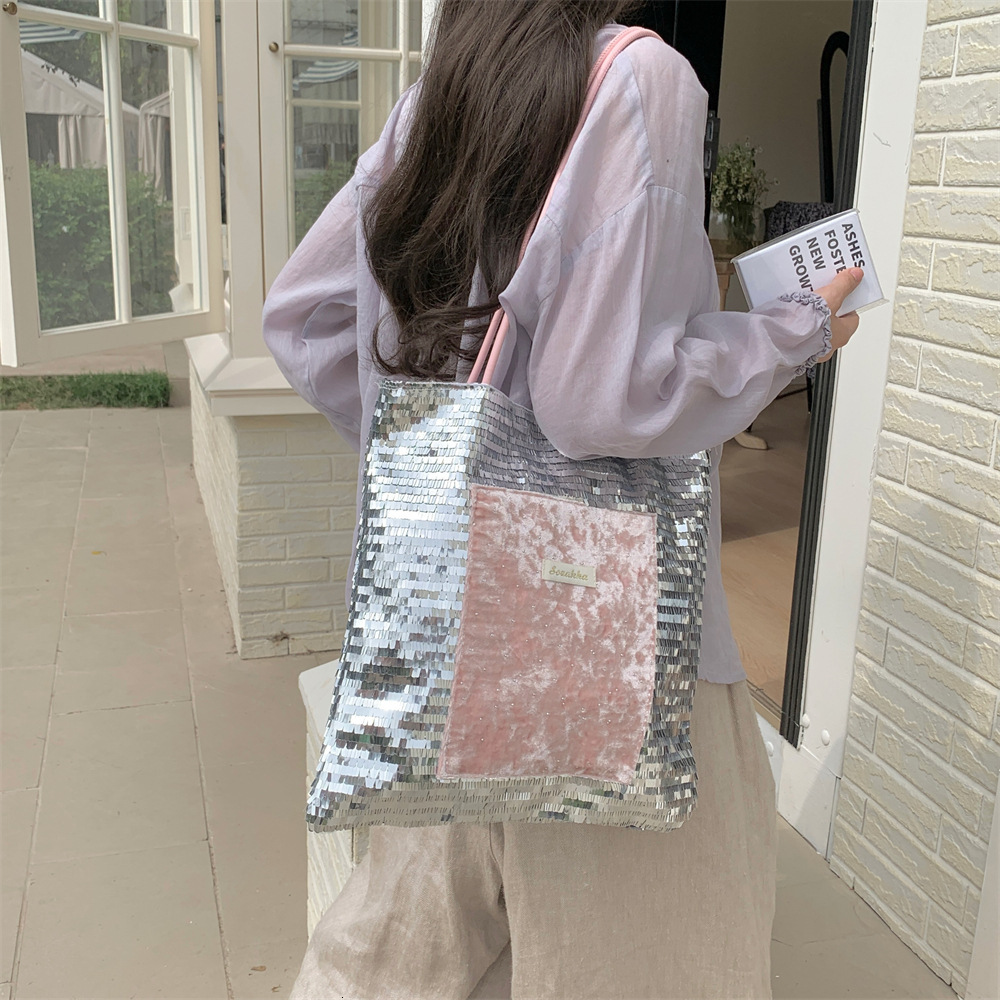 2025S designer new women trendy sparkling pink patchwork silver sequin niche large capacity commuting shoulder canvas bag handbag