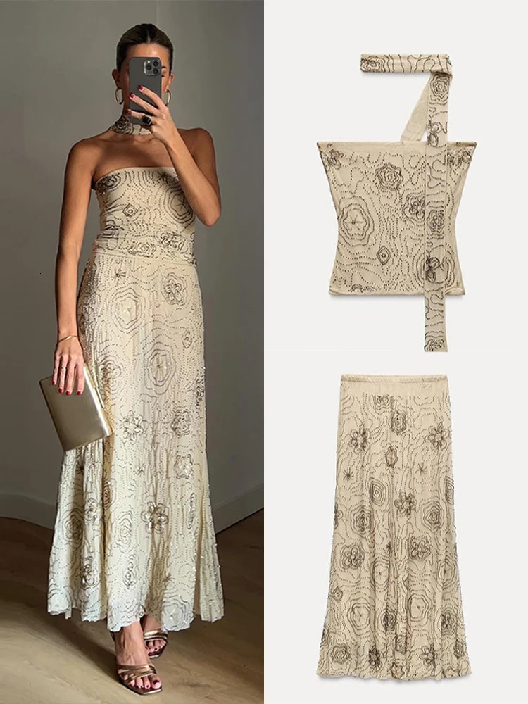 Beading Long Skirts Outfits Women Strapless Slim Scarf Tops Suits Female 2025 Spring Summer Fashion Chic High Waist Set 2 Pieces 250515