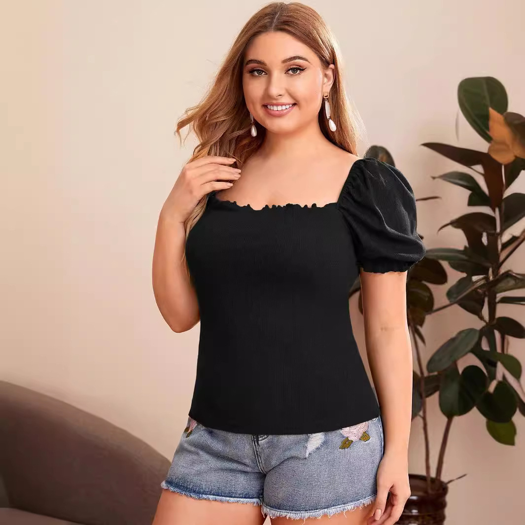 Plus Size Womens Elegant Style Bubble Sleeve T-shirt Summer New Square Neck Solid Color Short Top