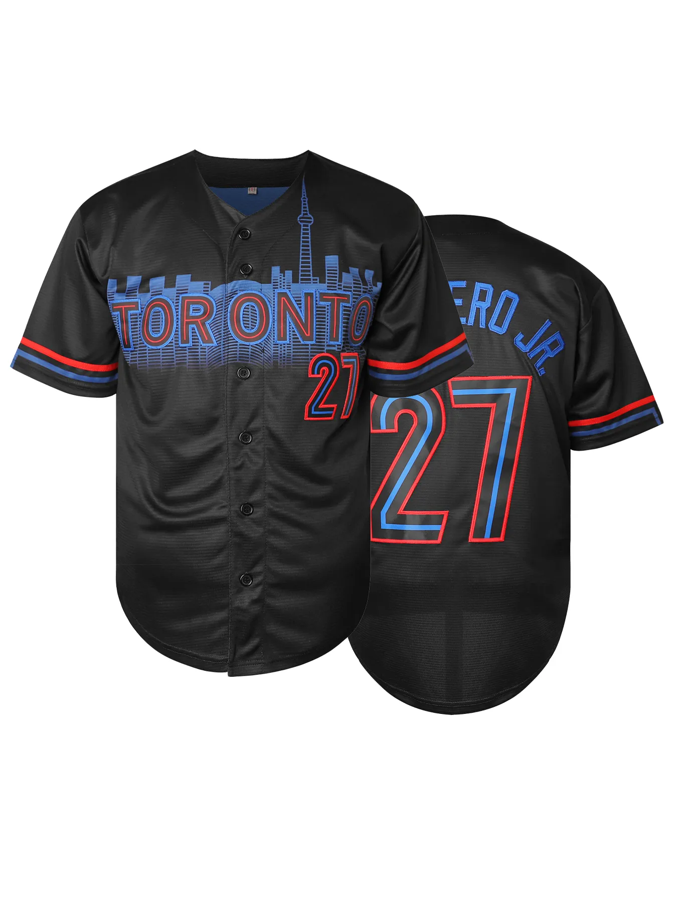 Stitched 27 Guerrero Jr. Black Baseball Jersey Embroidery V Neck Short Sleeve Baseball Shirt, Breathable Button-Up Sports Uniform For fans and lovers