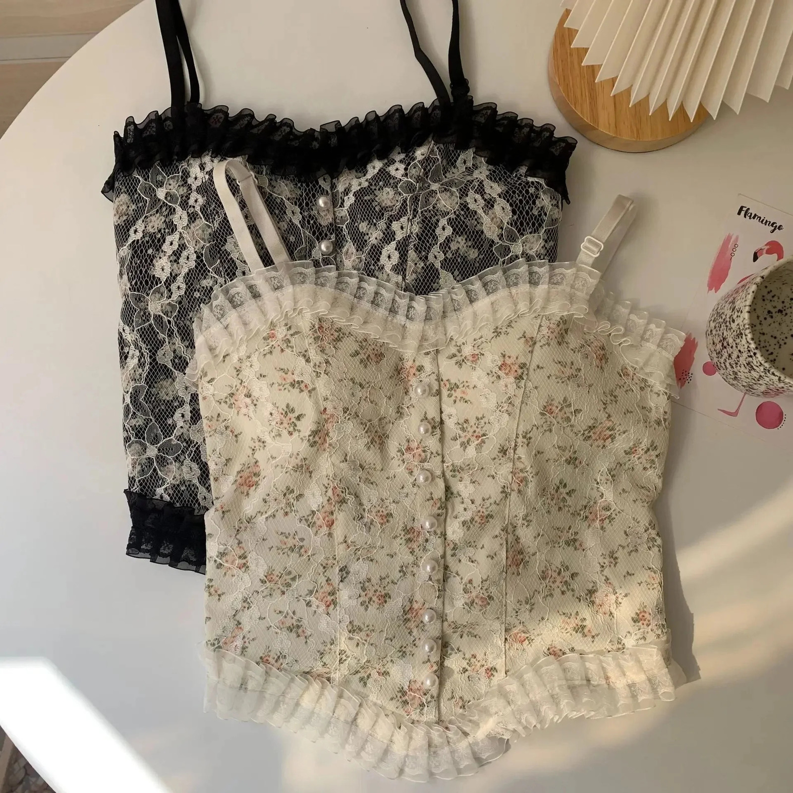 1 piece of womens vest summer French lace ruffled stainless steel ring with chest cushion girls bottom shirt 250506