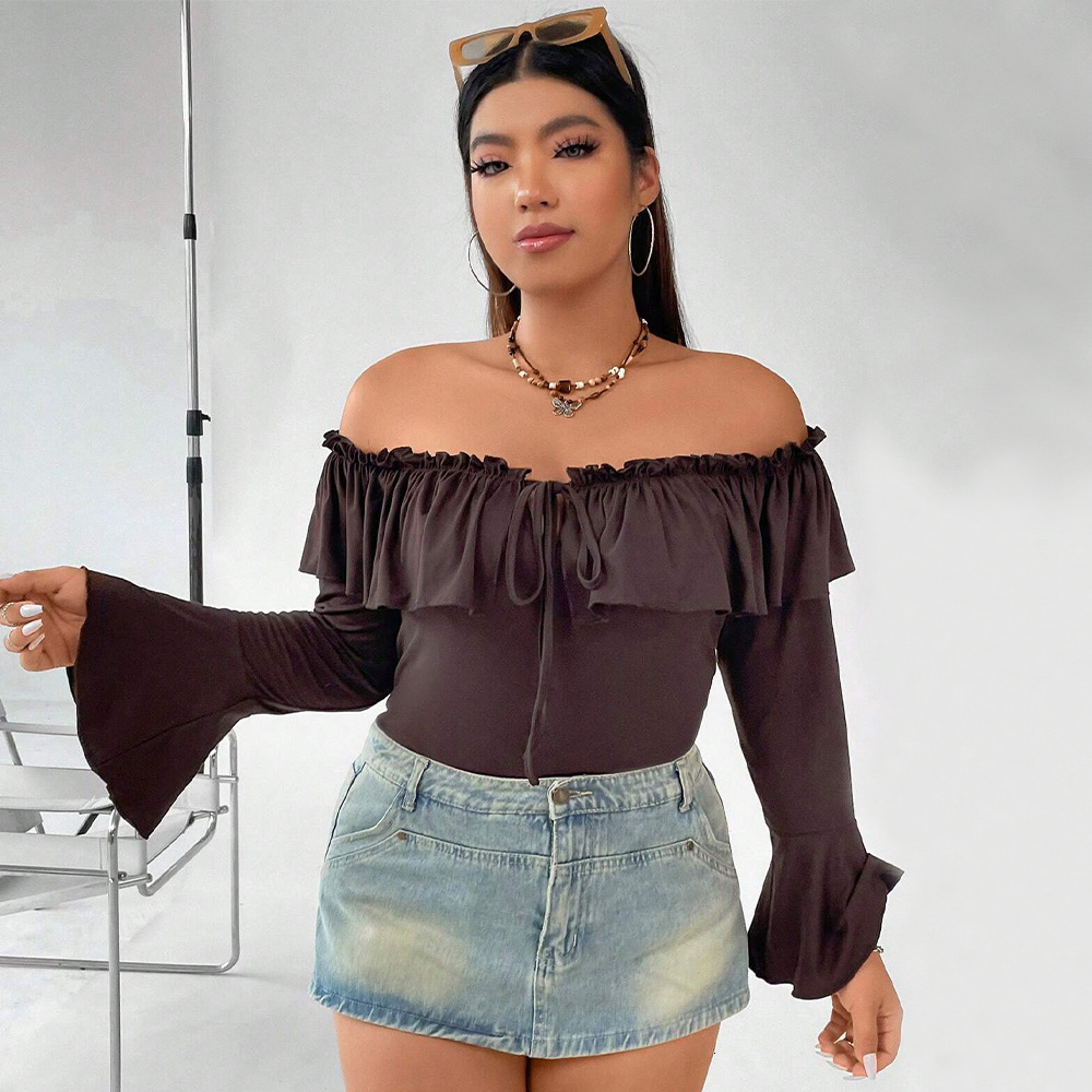 Large Womens Clothing Autumn and Winter New Item Ruffled Flared Sleeves Slim Fit Temperament One Collar Top